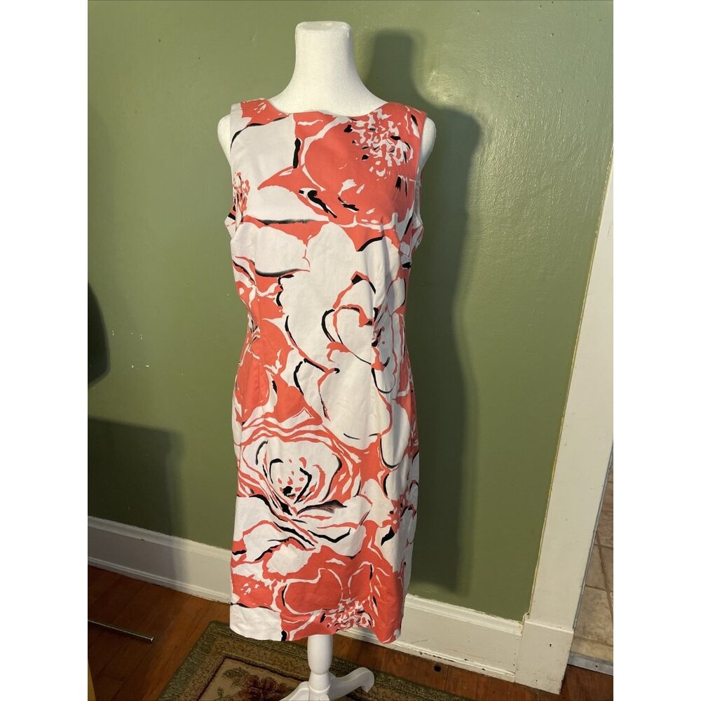Talbots Neckline Sleeveless Midi Dress Black Size 8 Office Formal Floral Coral